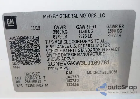 2020 Chevrolet Traverse Awd Lt Cloth z USA, uszkodzony, nr VIN 1GNEVGKW3LJ169761